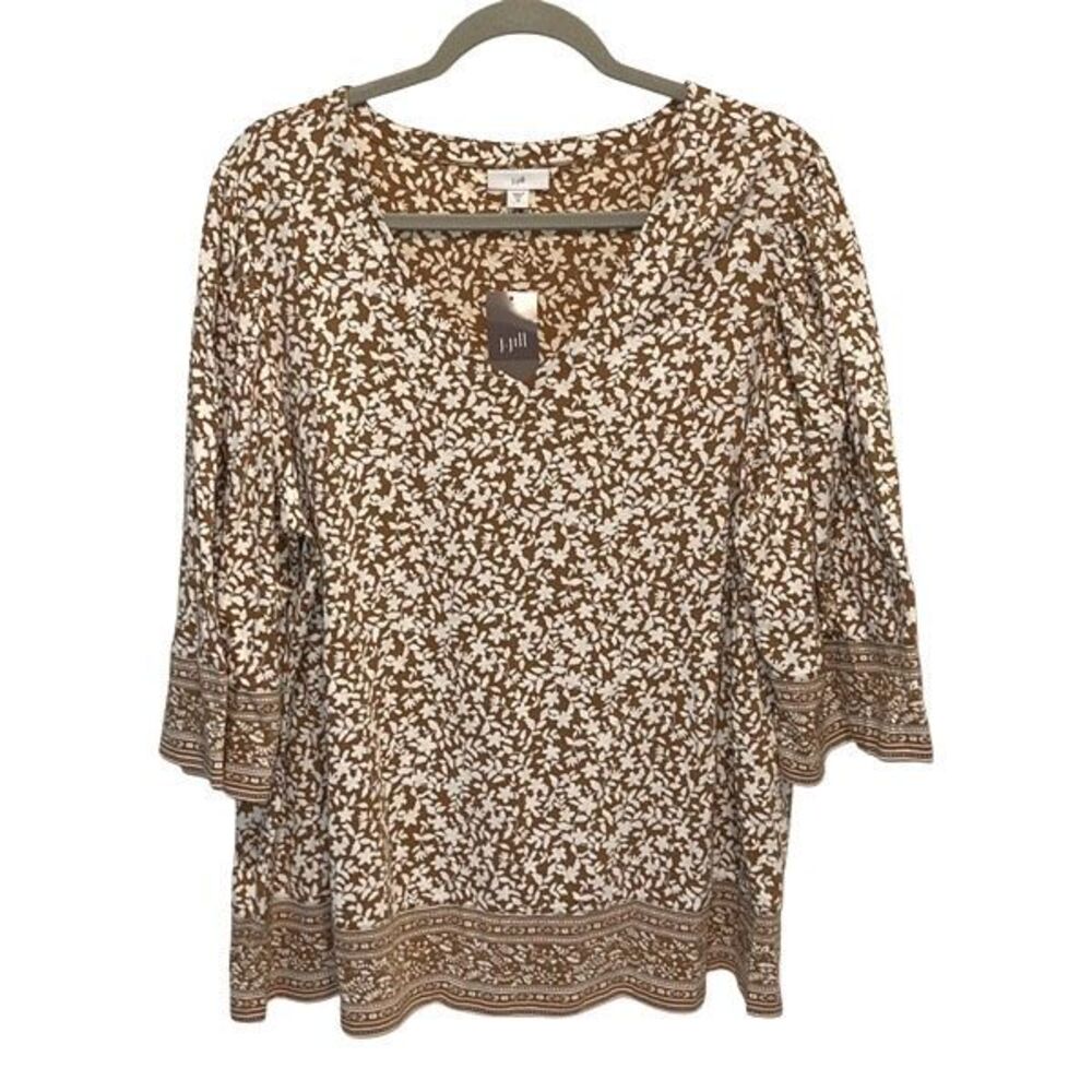 J. Jill Womens V-Neck Floral 3/4 Sleeve Cotton Tunic Top Brown Boho Size 2X NWT